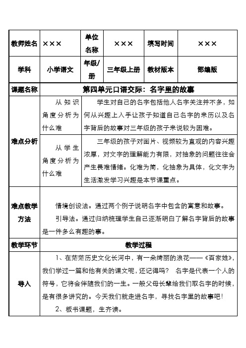 部编版小学三年级语文上册 第四单元 口语交际：名字里的故事 教案