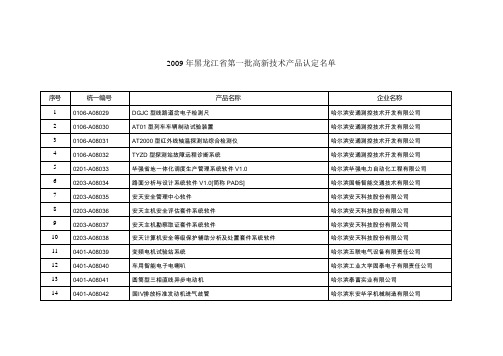 2009年黑龙江省第一批高新技术产品认定名单