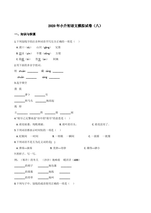 2020年安徽小升初模拟试卷(八)  部编版(含答案).doc