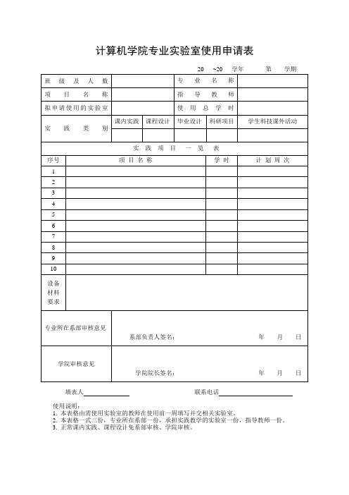 计算机学院专业实验室使用申请表