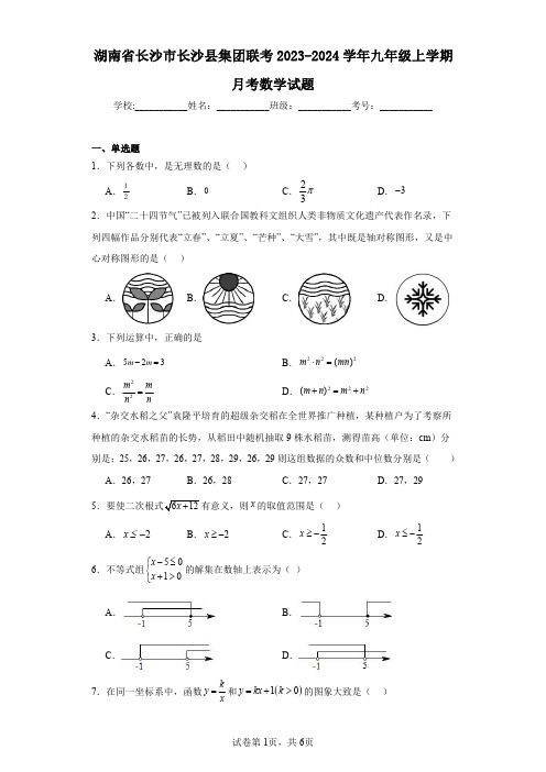 湖南省长沙市长沙县集团联考2023-2024学年九年级上学期月考数学试题