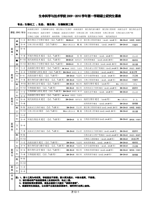 生命科学与技术学院2009—2010学年第一学期硕士研究生课表