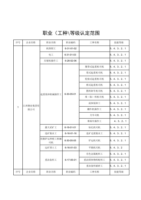 职业工种、等级认定范围