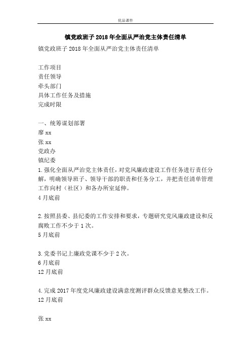 优品课件之镇党政班子2018年全面从严治党主体责任清单