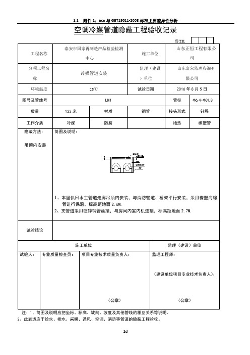 空调冷媒  管道隐蔽工程验收记录