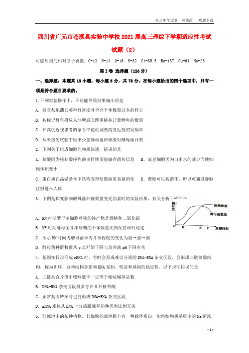 四川省广元市苍溪县实验中学校2021届高三理综下学期适应性考试试题(2)