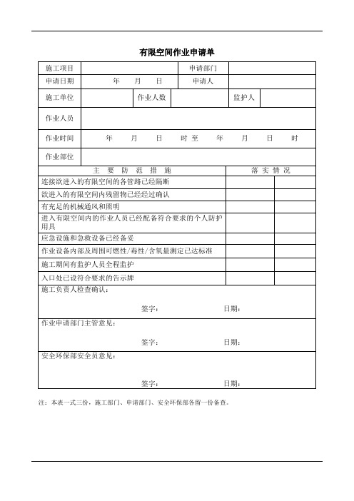 有限空间作业申请单