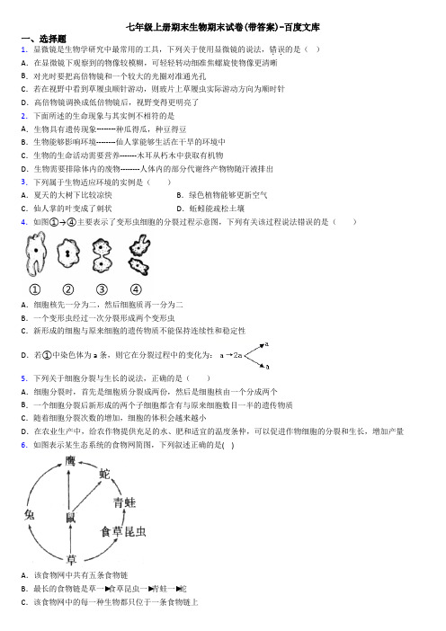 七年级上册期末生物期末试卷(带答案)-百度文库