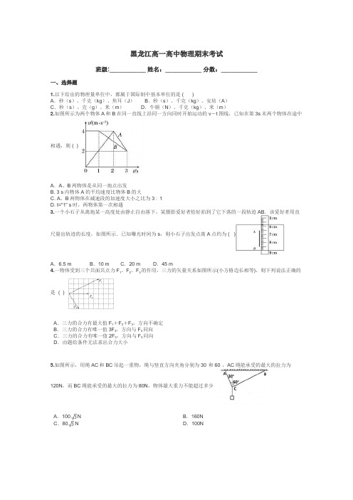 黑龙江高一高中物理期末考试带答案解析
