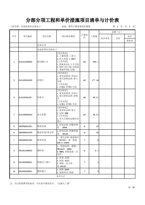 水池给排水及雨水口报价表