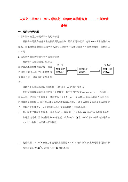 云南省某知名中学2016-2017学年高一物理上学期周练试题4(无答案)_2