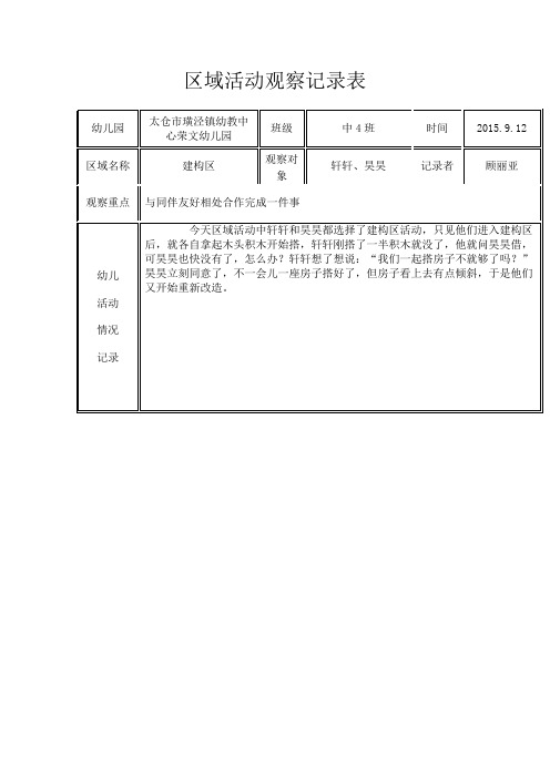 幼儿园区域活动观察记录表