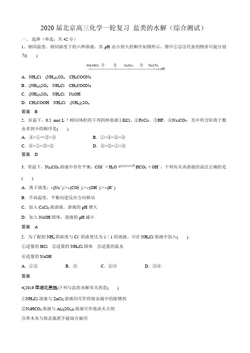 2020届北京高三化学一轮复习 盐类的水解(综合测试)