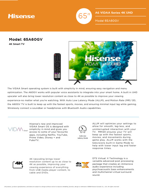 Hisense 65A60GV 4K Smart TV 产品说明书