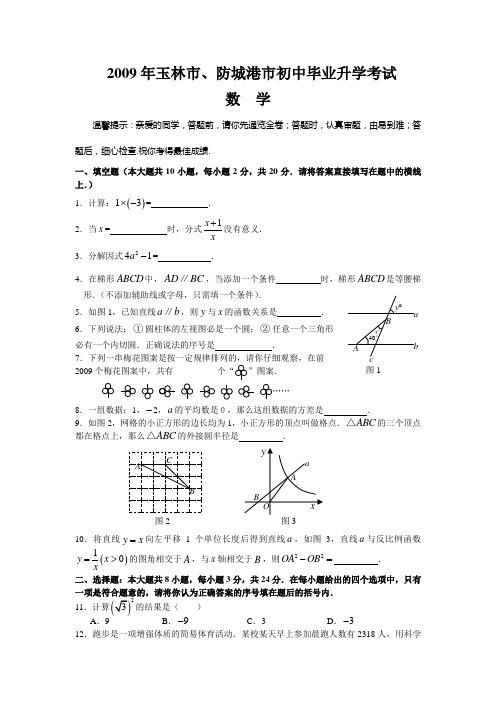 2009年玉林市、防城港市初中毕业升学考试