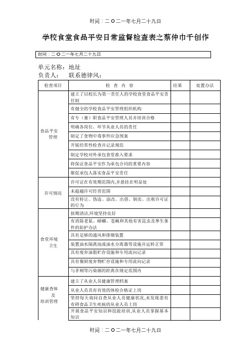 学校食堂食品安全日常监督检查表