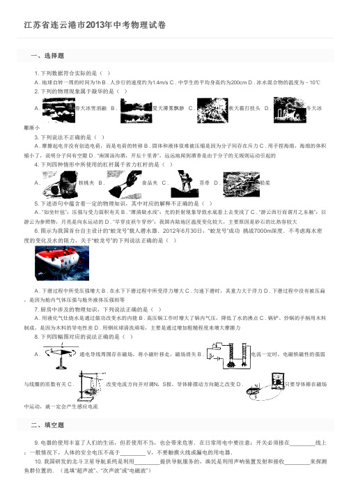 江苏省连云港市2013年中考物理试卷及参考答案