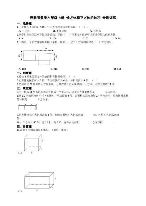 苏教版数学六年级上册 长方体和正方体的体积 专题训练【含答案】