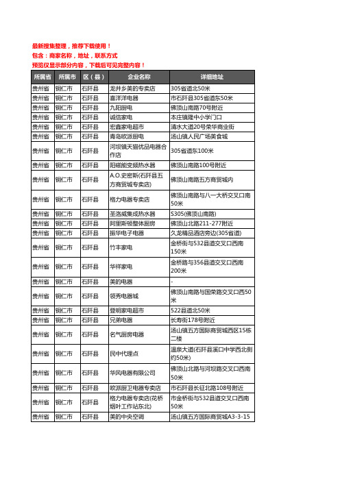 新版贵州省铜仁市石阡县家用电器企业公司商家户名录单联系方式地址大全106家