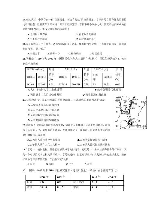 河北省涞水波峰中学2017届高三12月模拟考试(一)文科综合-历史部分试题.doc