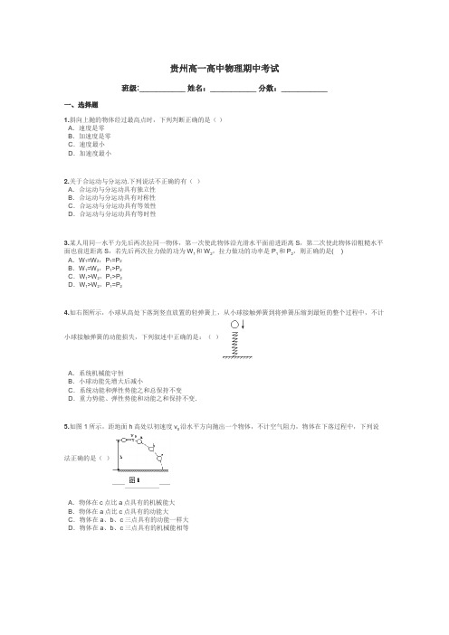 贵州高一高中物理期中考试带答案解析
