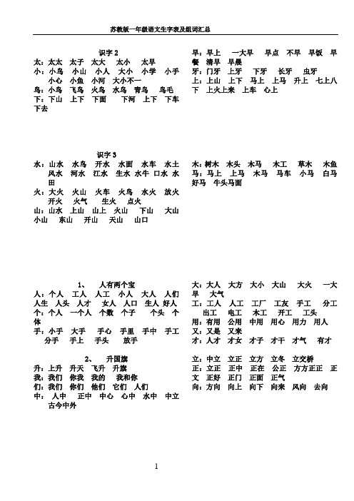 苏教版一年级语文生字表