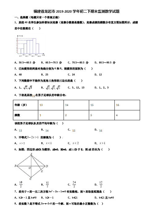 福建省龙岩市2019-2020学年初二下期末监测数学试题含解析