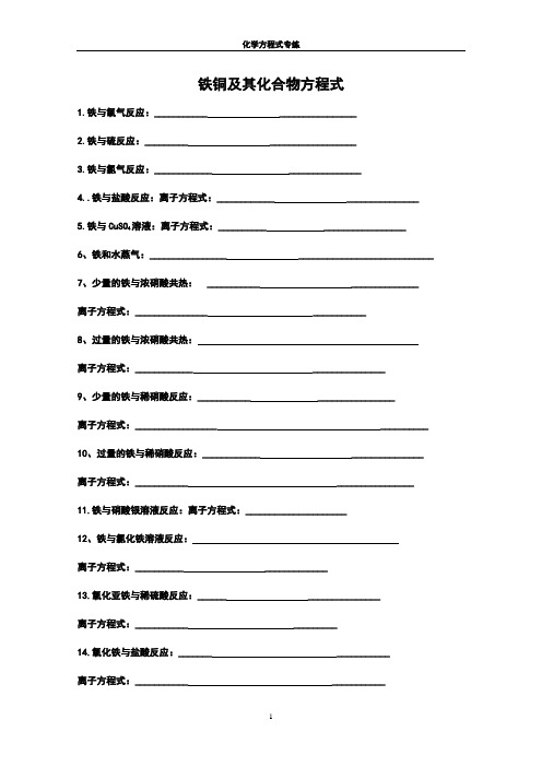 高三化学第一轮复习方程式专练---铁铜及其化合物