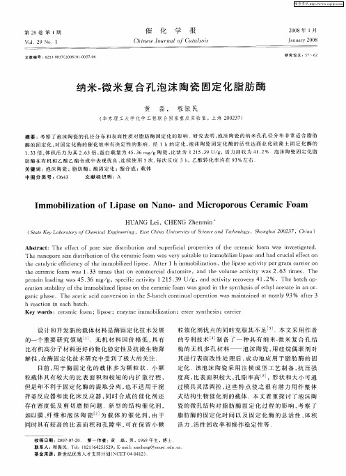 纳米-微米复合孔泡沫陶瓷固定化脂肪酶