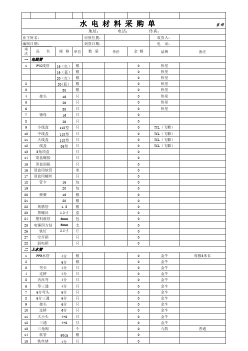 家装水电材料采购单