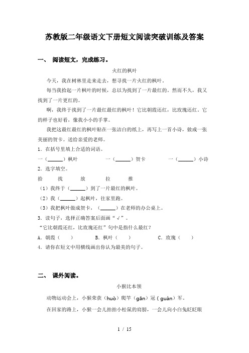 苏教版二年级语文下册短文阅读突破训练及答案