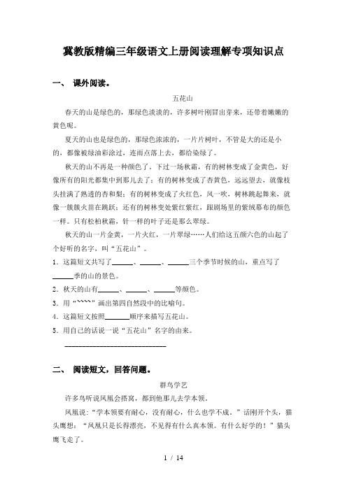 冀教版精编三年级语文上册阅读理解专项知识点