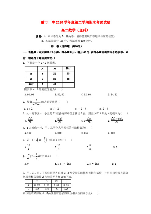 内蒙古霍市一中2020学年高二数学下学期期末考试试题 理(无答案)