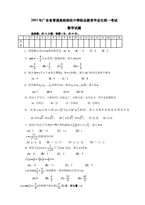 2003年-广东省3+证书高职高考数学试卷(含答案)