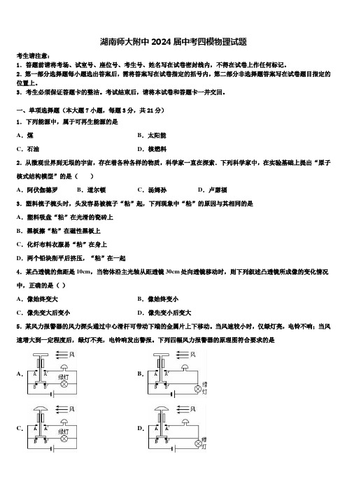 湖南师大附中2024届中考四模物理试题含解析