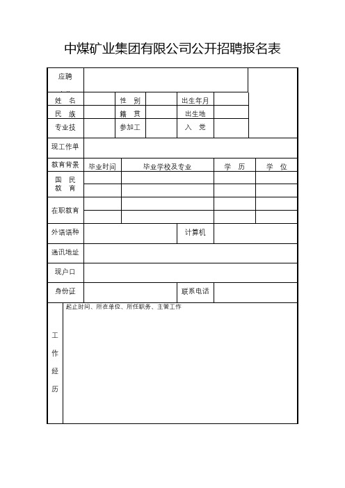 中煤矿业集团有限公司公开招聘报名表【模板】