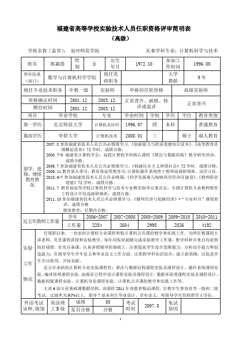 福建高等学校技术人员任职资格评审简明表