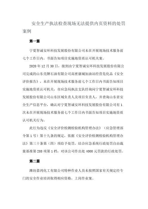 安全生产执法检查现场无法提供内页资料的处罚案例