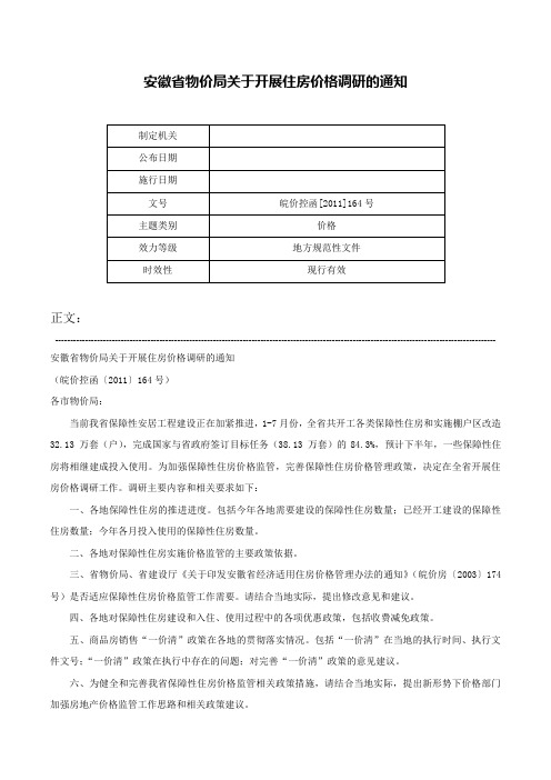 安徽省物价局关于开展住房价格调研的通知-皖价控函[2011]164号