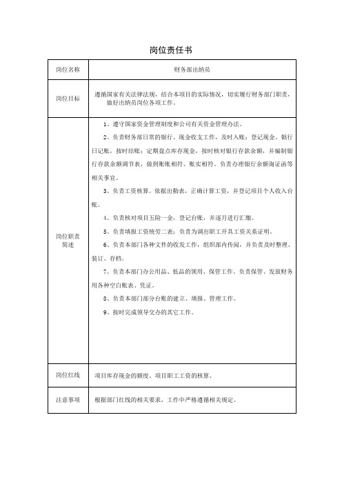 财务部出纳员岗位责任书