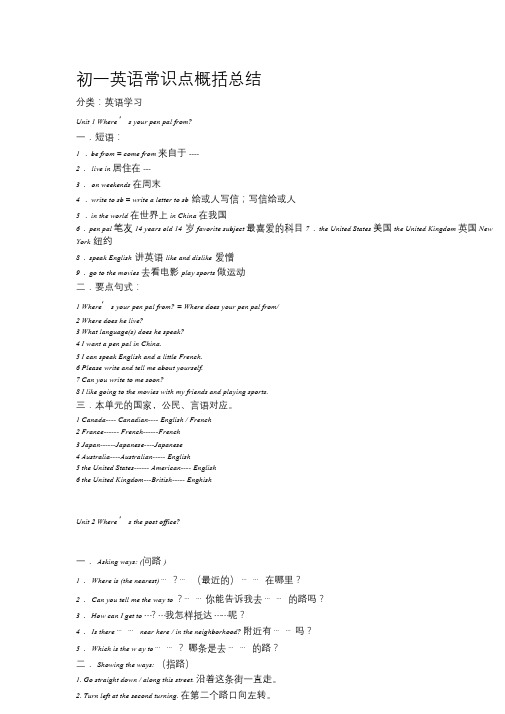 初一英语语法及主要知识点归纳总结.doc