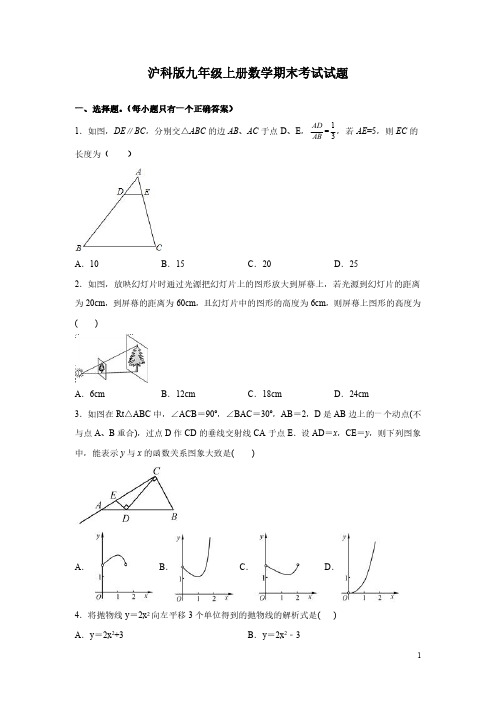 沪科版九年级上册数学期末考试试卷含答案详解