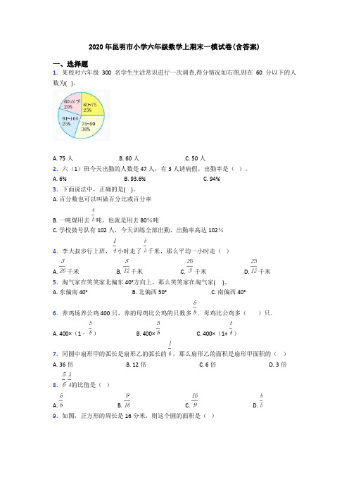 2020年昆明市小学六年级数学上期末一模试卷(含答案)