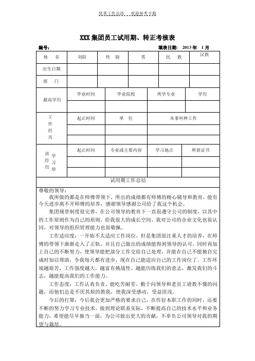 员工转正考核表工作总结考核意见表