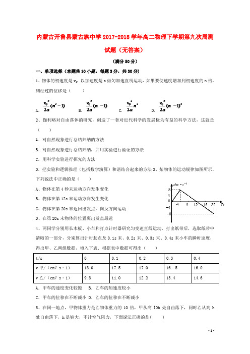 内蒙古开鲁县蒙古族中学2017-2018学年高二物理下学期第九次周测试题(无答案)