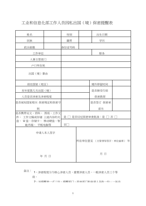 工业和信息化部工作人员因私出国(境)保密提醒表