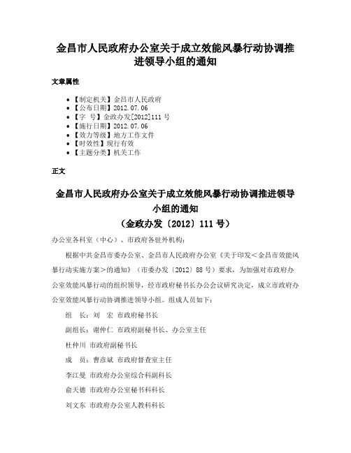 金昌市人民政府办公室关于成立效能风暴行动协调推进领导小组的通知