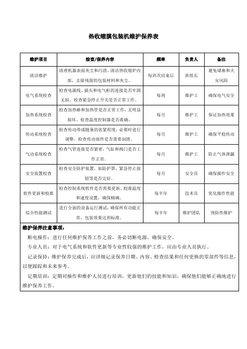 热收缩膜包装机维护保养表