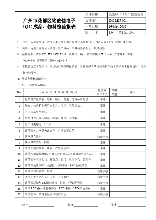 麦克风(话筒)检验报表