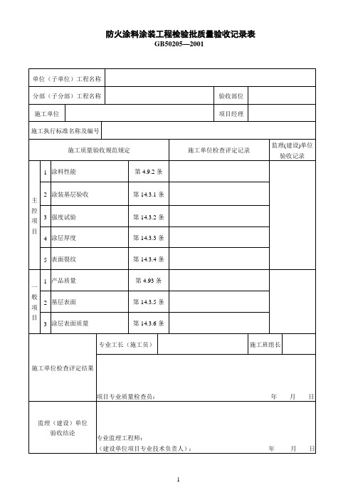 防火涂料涂装工程检验批质量验收记录表